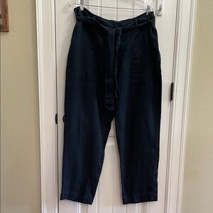 LAUREN Navy Linen Cropped Paperbag Waist Pants With Belt- Size 16